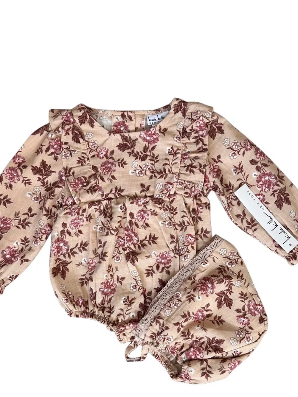 Nicole Miller Beige Floral Ruffle Long-Sleeve Baby One-Piece